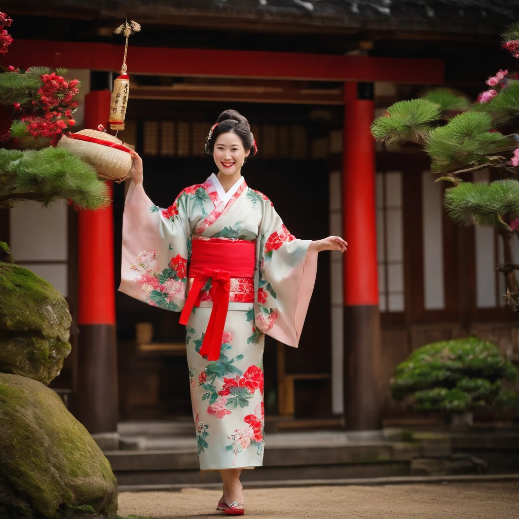 jpn、in the edo era、Japan woman with beautiful smile、kimono、Sleeveless Santa Claus Costume with V-neck、a miniskirt
