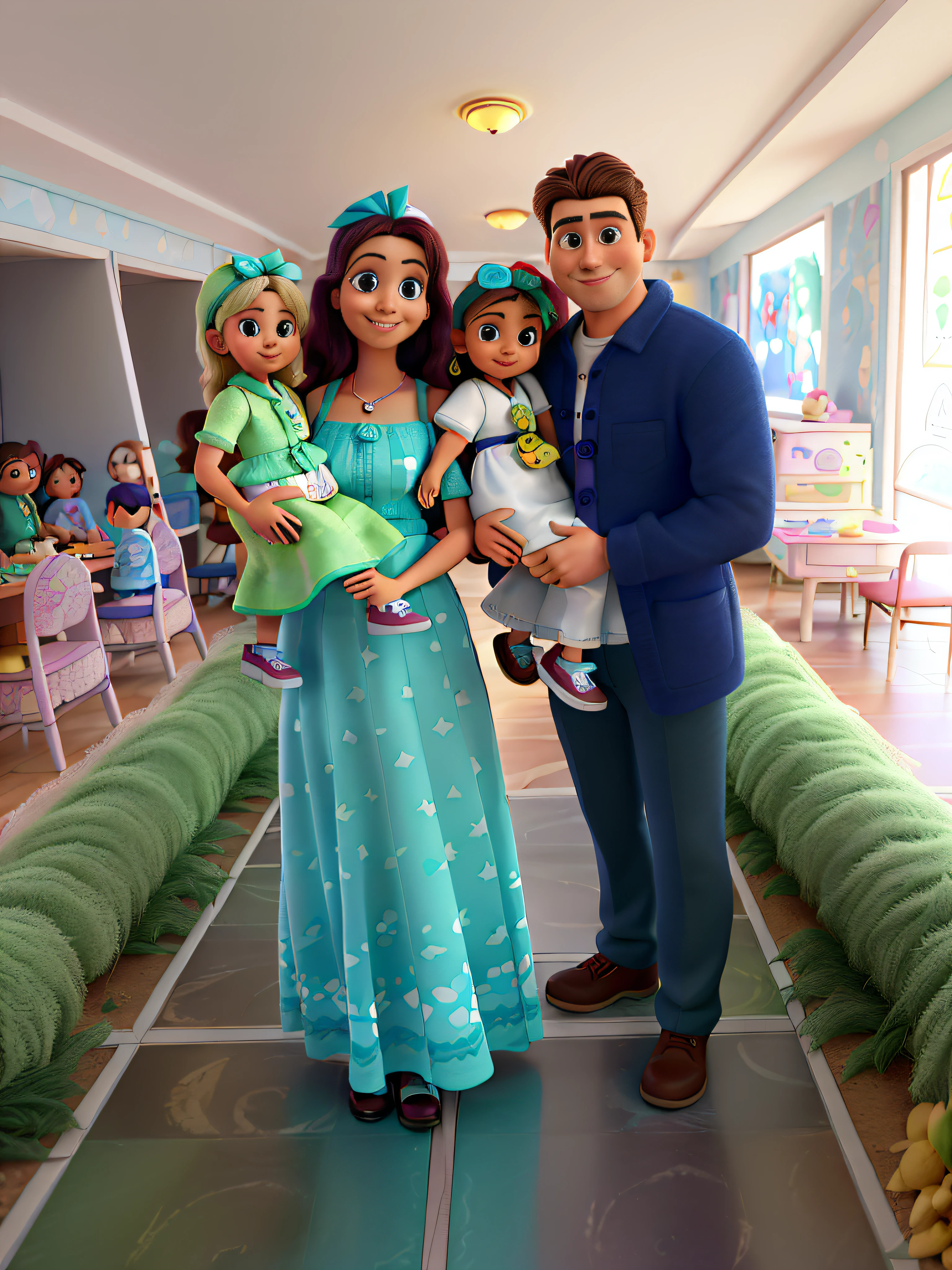 Create a Disney PIXAR-style 3D poster. ((Image center: a happy family and everyone smiling)), ((2 girls)) ((2 children girls)) ((1 girl is on her mother's lap, ele tem 2 anos, de cor branca e cabelos ondulados da cor castanha, She is wearing an aqua green dress with a bow on her head in the same color as the dress. A menina 2 tem 3 anos, And he's on his father's lap, pele branca e cabelos castanhos escuros e todo cacheados e olhos castanhos)) ((tudo isso no estilo Disney PIXAR 3D. POP Mart, soft lighting, linhas suaves, Spring tilt, Detailed illustrations of PIXAR 3D, Detalhes hiper-realistas, cor quente no estilo Disney PIXAR 3D)), ((Homem tem pele parda com uma roupa social, Ele tem 27 anos esta sorrindo)), ((a mulher tem a pele clara 27 de anos, cabelos longos cacheados, esta com o vestido da mesma cor da duas meninas)), In the background show that the family is in a children's room