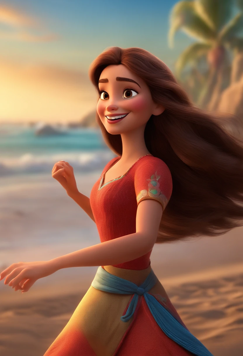 Pixar style image with 3D character brunette woman long straight hair at waist dancing, Maquiagem Disney, bonitinho, sorridente ,Close-up, Pixar, Disney, em uma praia