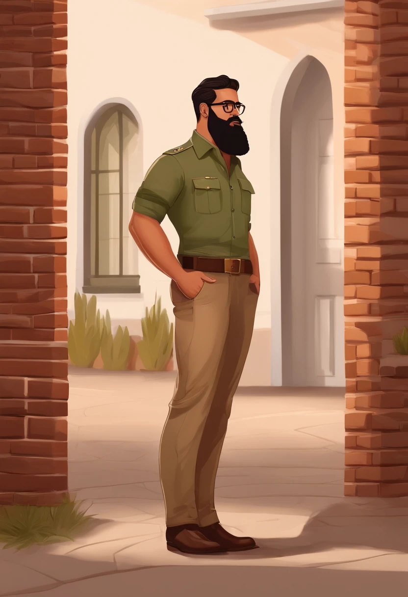 Desenho animado de homem com 28 anos, corte de cabelo militar, Big beard and glasses, White blouse and khaki pants, bota marrom, Standing in front of a white brick wall