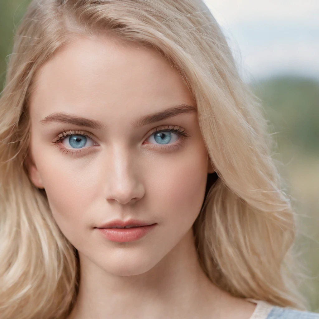 a blonde girl around nineteen, with bright baby blue eyes, feminine anatomically correct sized facial features, a defined jawline and cheekbones, a “I don’t give af” expression with a smug smirk.