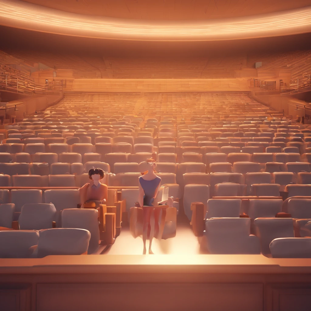 Cartaz de filme estilo pixar. White woman in the center of a lecture landscape in a crowded auditorium.