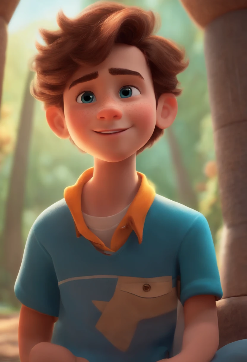 Image of a boy for a story in a YouTube video in Pixar format, He's the little allabester, He's the class leader, He's outgoing, Playful and gets up for a lot of things, cabelo curto