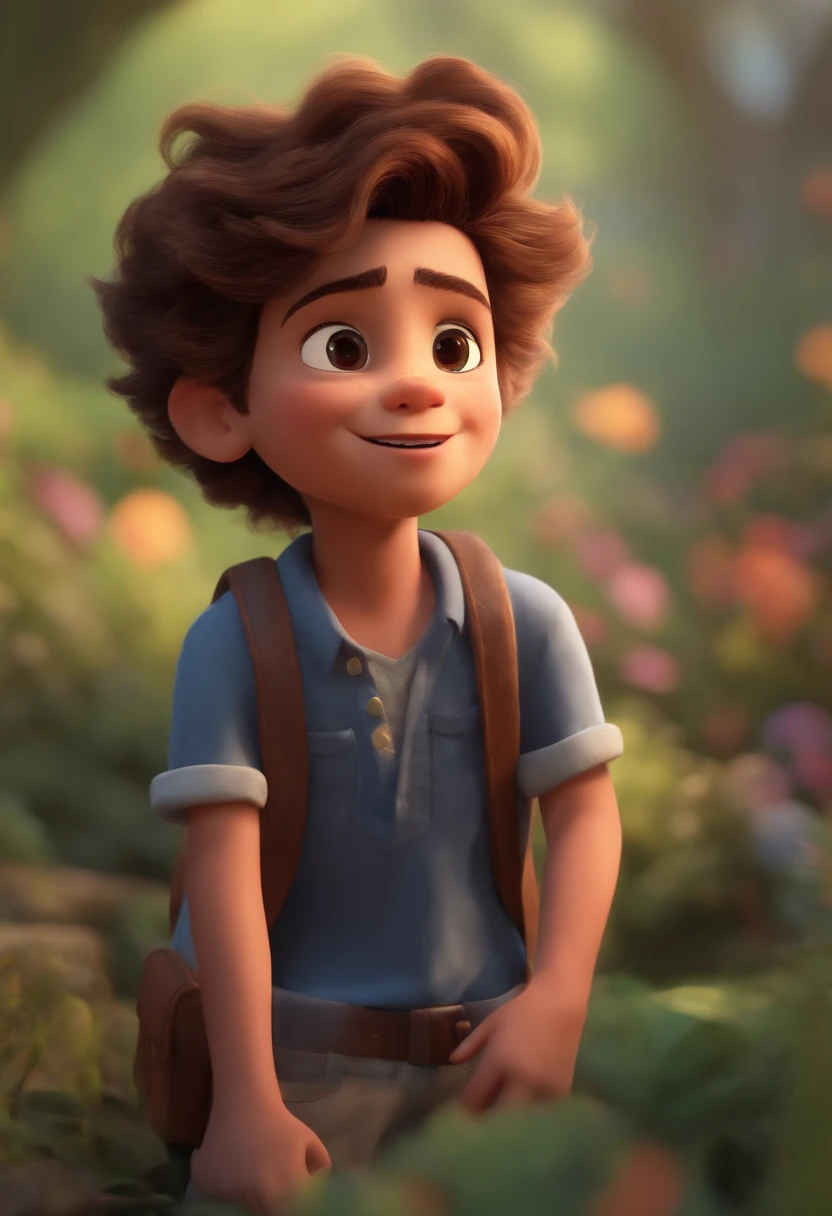 Image of a boy for a story in a YouTube video in Pixar format, He's the allabester, He's the class leader, He's outgoing, Playful and gets up for a lot of things, cabelo curto