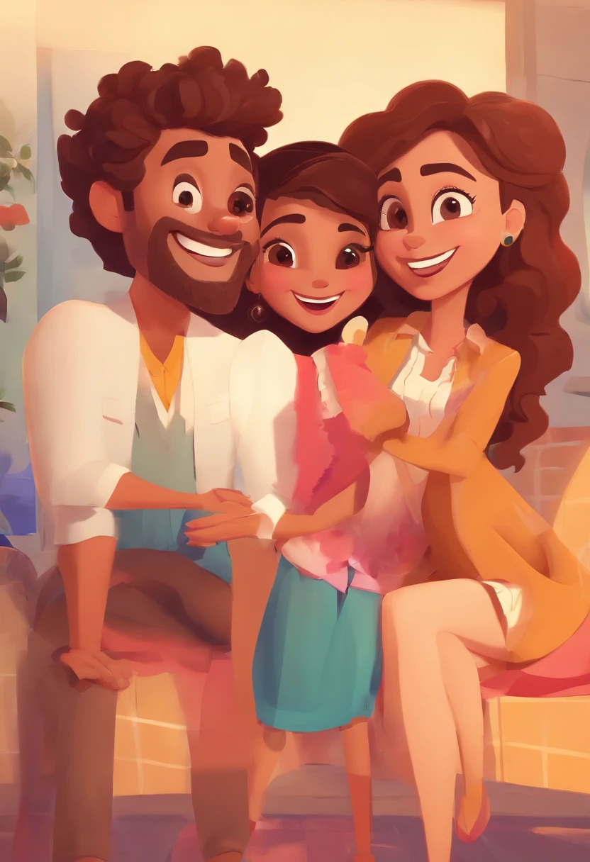 An illustration of an adorable couple, Destacando a un hombre mulato regordete con anteojos sonriendo y a una mujer morena con hermosos ojos expresivos: The man's skin is mulatto and the man's hair haswhile the woman's skin is black and the woman's hair is straight and brown. They are a bright room, Cada uno con una sonrisa en la cara, y compartir un momento especial caracterizado por el amor, Ideas. Illustrate this scene from a perspective where they're looking at the camera, Smile and show your connection. Desarrolla este arte en Full HD, Focus on your cinematic touch, Estilo de animaciones de Disney Pixar