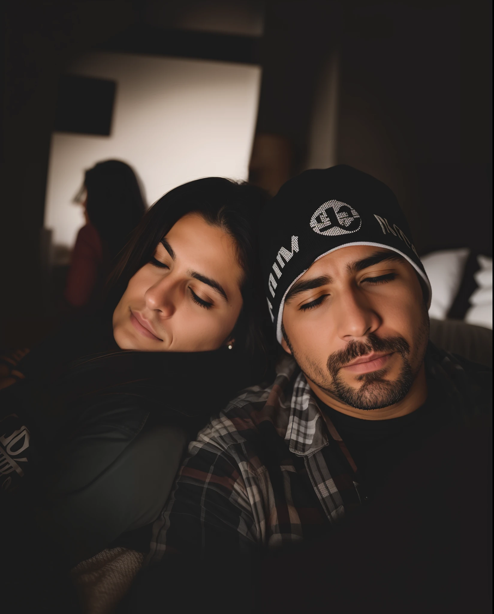 there is a man and a woman who are lying together, filme ainda de um cansado, Tomado com Sony Alpha 9, sleepy expression, # Oc, #Oc, Retrato tirado 8 K, resting after a hard fight, photo taken at night, Tiro em Sony A 7, Tiro na Nikon Z9, ele a segura enquanto ela dorme, sonolento