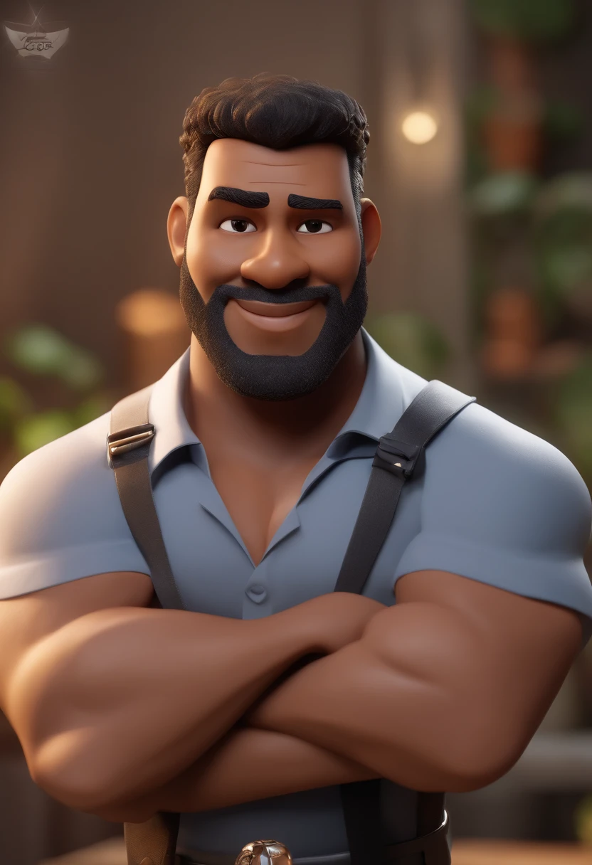 Personagem de desenho animado de um homem usando cabelo castanho curto barba curta sorrindo usando uma camisa preta com um logo da Brasil Apple , um personagem animado, Caractere estilizado, animation style rendering, 3D estilizado, Arnold Maya render, 3 d render stylized, toon render keyshot, Personagem 3D, Personagem 3D, 3d rendering stylized, 3 d character render, personagem de desenho animado, Personagem de close up, Pose de personagem, (Estilo Pixar) (master part:1.2) (Bokeh) (best quality) (pele detalhada) (textura detalhada) (8k) (argila) (Cinematic lighting) (foco nítido，Senta e vaza a parte superior do corpo