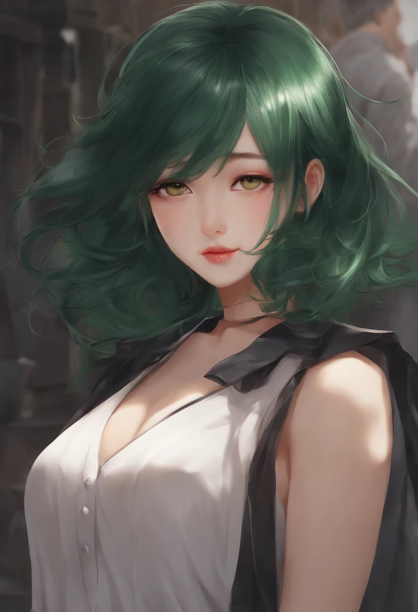 Deep green hair, all-back hair, slightly disheveled hair, Japan, young, about 5 