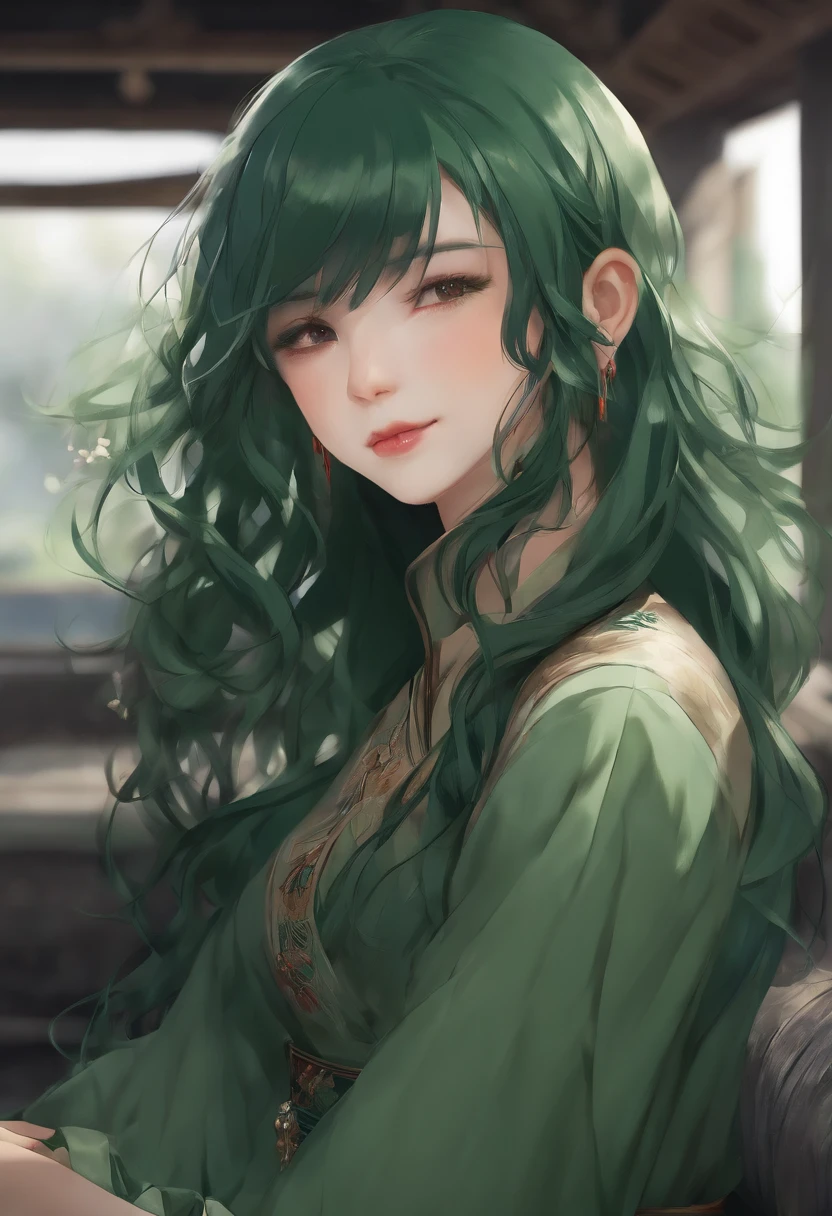 Deep green hair, all-back hair, slightly disheveled hair, Japan, young, about 5