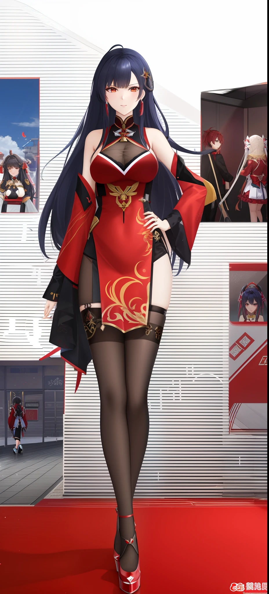 Anime characters in red and black costumes standing in front of the wall, full-body xianxia, Ayaka Genshin impact, 《azur lane》role, ayaka game genshin impact, heise jinyao, Keqing from Genshin Impact, A scene from the《azur lane》videogame, zhongli from genshin impact, azur lane style, Anime goddess
