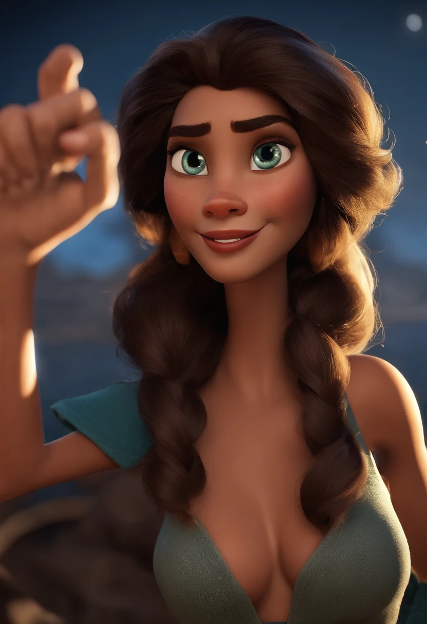 Imagem estilo Pixar com personagem 3D,Mulher morena cabelo curto cacheado , Maquiagem Disney,Pescador, bonitinho, sorridente ,Close-up, Pixar, Disney, Cinema lighting,olhos grandes castanhos escuro, Right Hand Raised Forward, Ring and middle fingers bent against the palm of the hand.