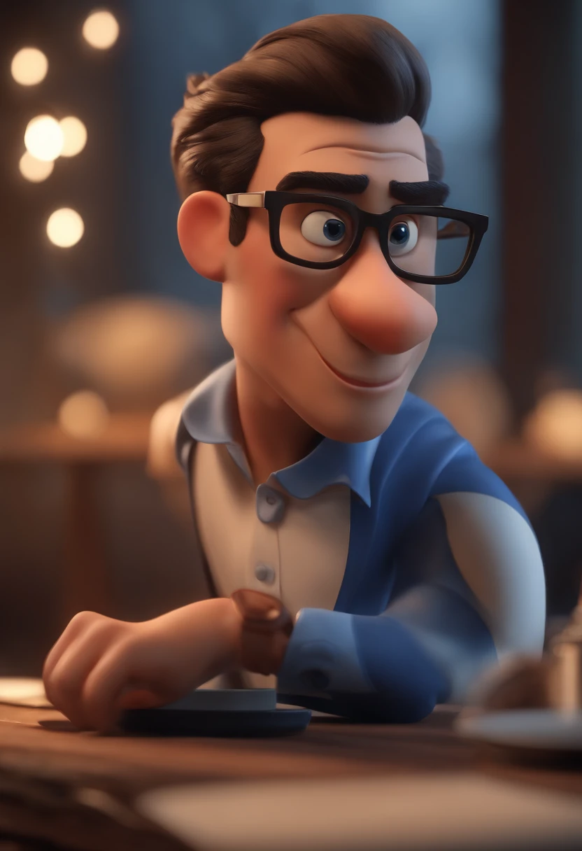 Cartoon character of a man with black glasses and a blue shirt, animation character, Caractere estilizado, animation style rendering, 3D estilizado, Arnold Maya render, 3 d render stylized, toon render keyshot, Personagem 3D, Personagem 3D, 3d rendering stylized, 3 d character render, personagem de desenho animado, Personagem de close up, Pose de personagem, (Estilo Pixar) (master part:1.2) (Bokeh) (best quality) (pele detalhada) (textura detalhada) (8k) (argila) (Cinematic lighting) (foco nítido