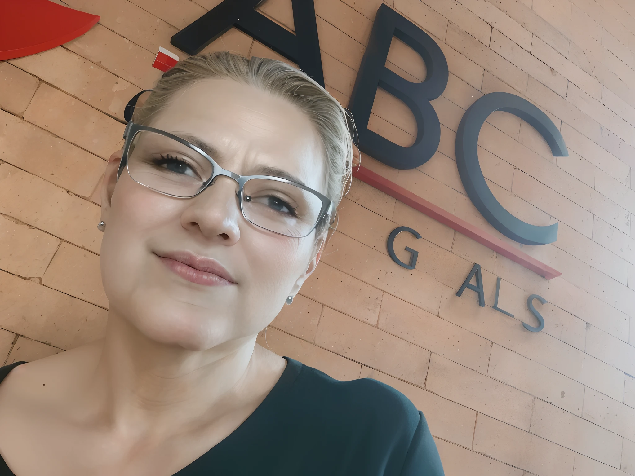 Woman in glasses standing in front of a brick wall with a sign above her, imagem de perfil, Caroline Gariba, Renata Glasc, abcdefghijklmnopqrstuvwxyz, Directed by: Nandor Soldier, Directed by: Alejandro Obregon, foto do perfil, by Amelia Peláez, Directed by: Judy Cassab