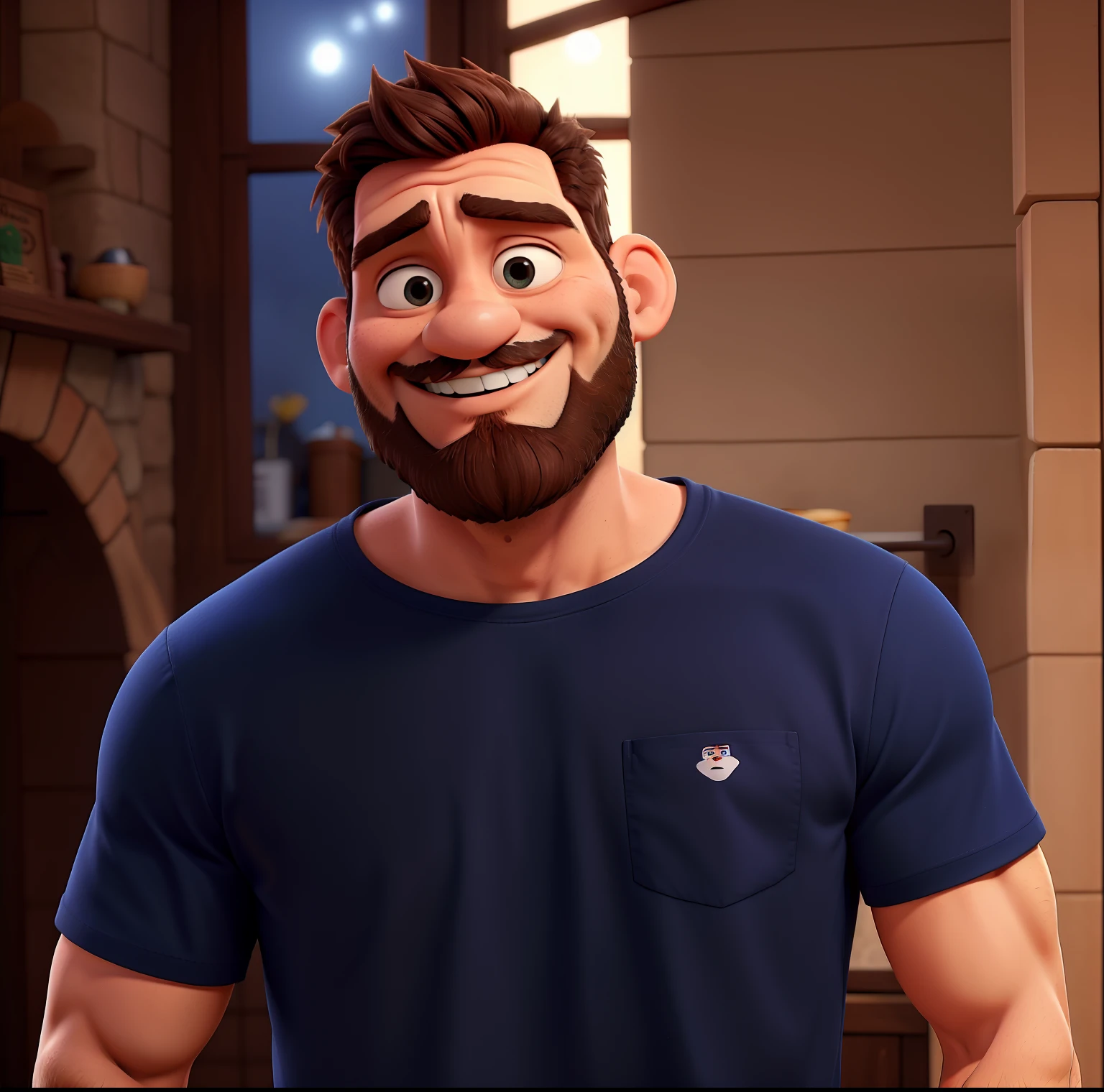 Um homem com barba, olhos azuis, com sorriso discreto. Camiseta preta. standingn