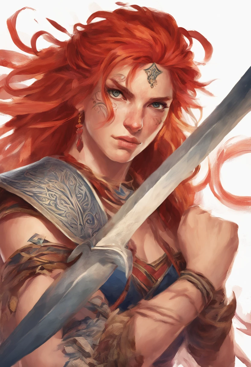 greek, human, female, redhead, angry face, holding two spear, no armor, clothes on, mohawk hair, tattoo
