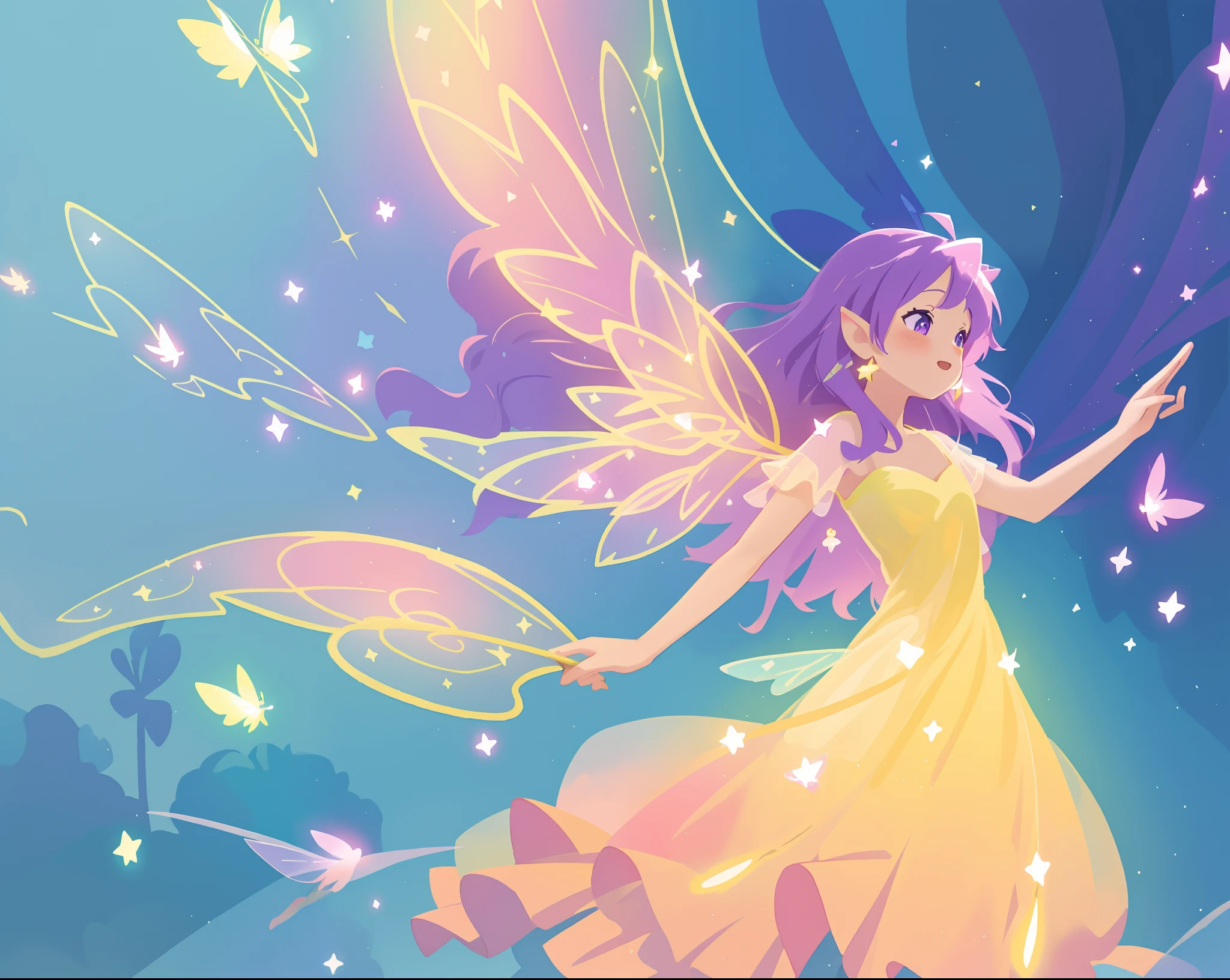 beautiful fairy girl in fluttering yellow dress, layered sparkling fairy dress, (huge sparkling pink fairy wings), long dark purple hair, fairy queen, ((magical colorful otherworldly background)), colorful fantasia background, (glowing fairy wings), glowing flowing ballgown, long hair, sparkling fairy wings, watercolor illustration, glowing aura around her, glowing lights, beautiful digital illustration, fantasia otherworldly background, beautiful, (masterpiece), best quality