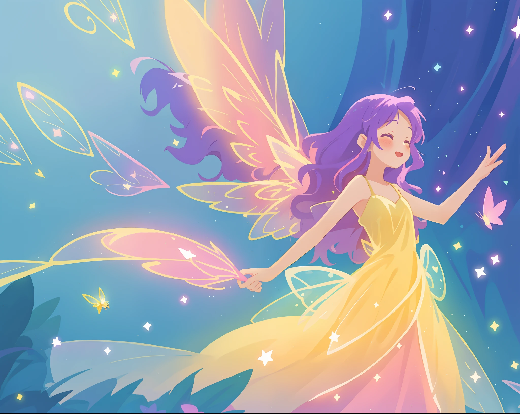 beautiful fairy girl in fluttering yellow dress, layered sparkling fairy dress, (huge sparkling pink fairy wings), long dark purple hair, fairy queen, ((magical colorful otherworldly background)), colorful fantasia background, (glowing fairy wings), glowing flowing ballgown, long hair, sparkling fairy wings, watercolor illustration, glowing aura around her, glowing lights, beautiful digital illustration, fantasia otherworldly background, beautiful, (masterpiece), best quality