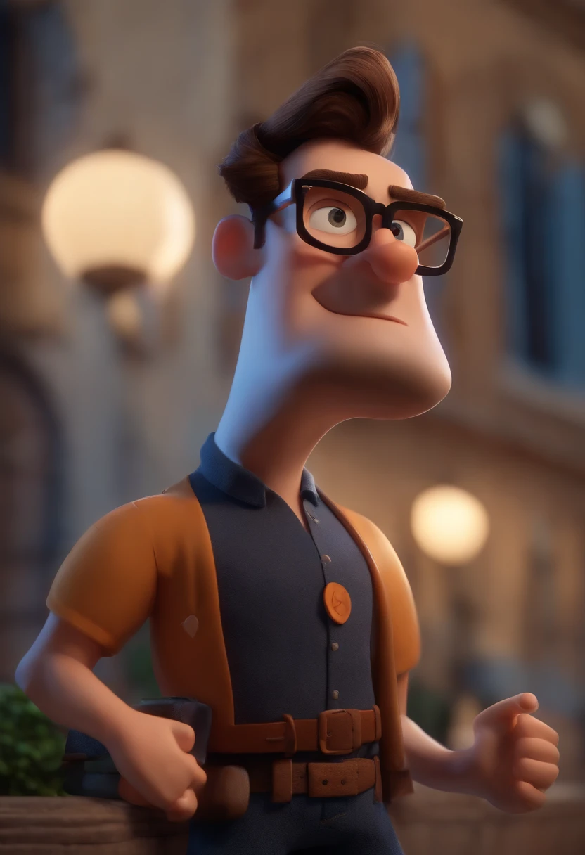 Cartoon character of a man wearing black glasses and a blue shirt, um personagem animado, Caractere estilizado, animation style rendering, 3D estilizado, Arnold Maya render, 3 d render stylized, toon render keyshot, Personagem 3D, Personagem 3D, 3d rendering stylized, 3 d character render, personagem de desenho animado, Personagem de close up, Pose de personagem, (Estilo Pixar) (master part:1.2) (Bokeh) (best quality) (pele detalhada) (textura detalhada) (8k) (argila) (Cinematic lighting) (foco nítido,Senta e vaza a parte superior do corpo