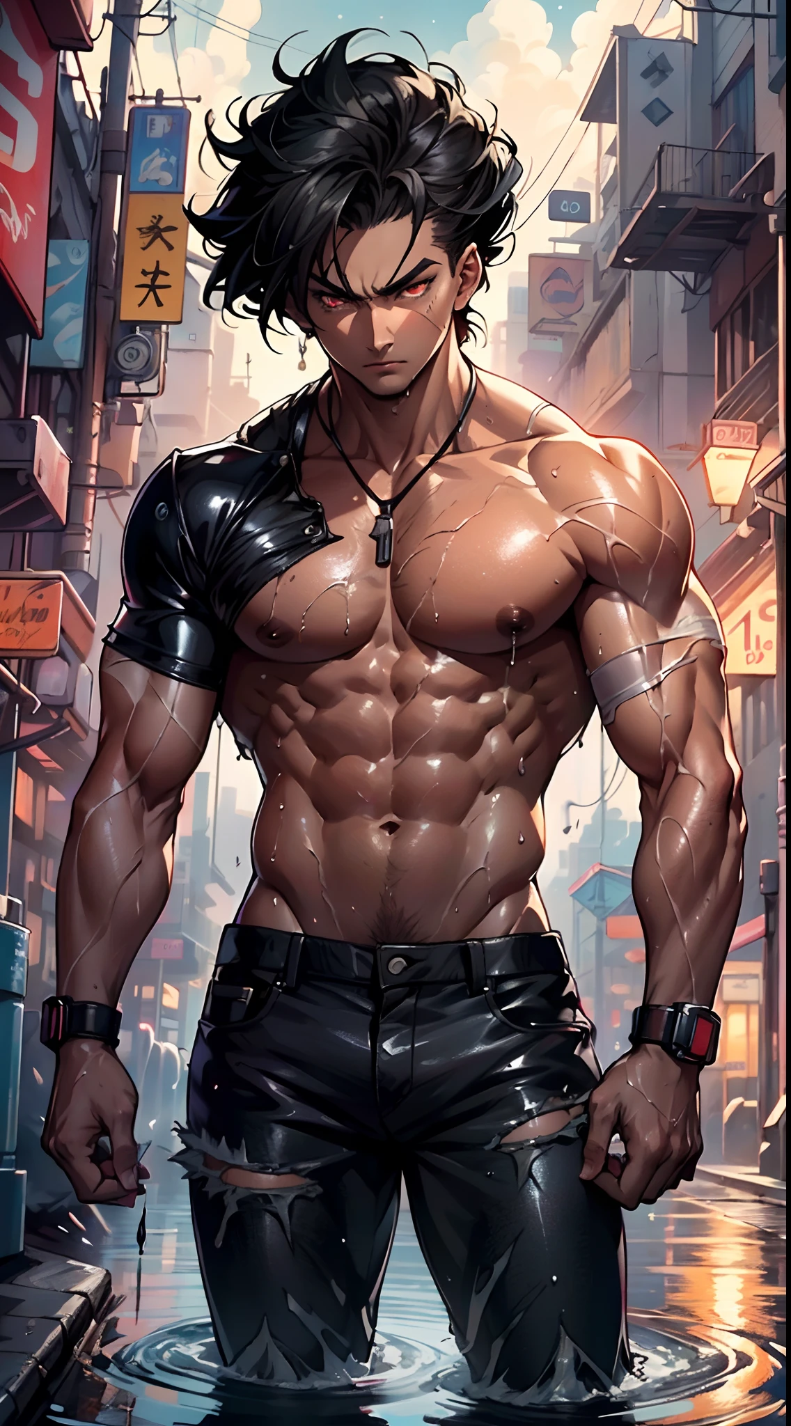 (1man:1.3),20-year-old,muscle,muscle man,(((male gender:1))),

(black hair,Wild Spike Black Saiyan hair),(((red_eyes:1.3))),intricate eyes,big pectorals,((muscle body,perfect anatomy))),(((dirty skin:1.5,lustrous skin:1.5,bright skin: 1.5,skin tanned,shiny skin,very shiny skin,shiny body,plastic glitter skin,exaggerated shiny skin,illuminated skin,wet legs))),(detailed body,toned athletic body),

serious and thoughtful man,(nsfw),

dirt smeared face,(((bare back and chest))),((wet clothes,dirty clothes,torn clothes)),

(dynamic pose:1.0),solo focus,(angry),(centered,scale to fit dimensions,Rule of thirds),

cyberpunk city by the ocean at night, with bright neon signs and dark stormy clouds and puddles, scenery:1.25,starry night, cosmos,

artistic photography,(photography taken by sldr),highres, sharp focus, (ultra detailed, extremely detailed), (photorealistic artwork:1.37),(extremely detailed CG unity 8k wallpaper),((synthwave background theme)),(((vibrant colors))),(intricate background),(masterpiece),(best quality),