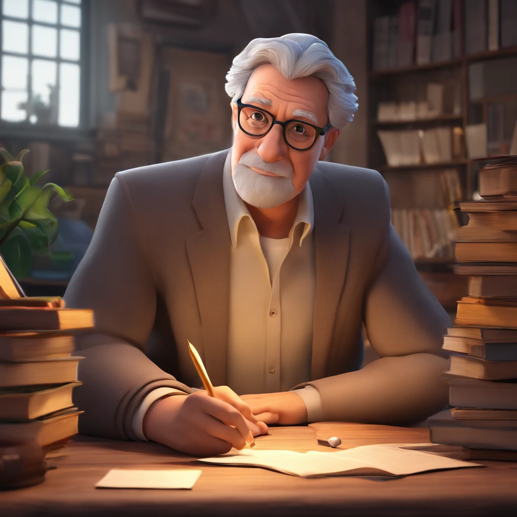 Crie um cartaz inspirado na Disney Pixar com o personagem sendo o pastor Rubens Janier, A gray-haired man wearing glasses, in an office with a Bible on the table, Looking forward and serious