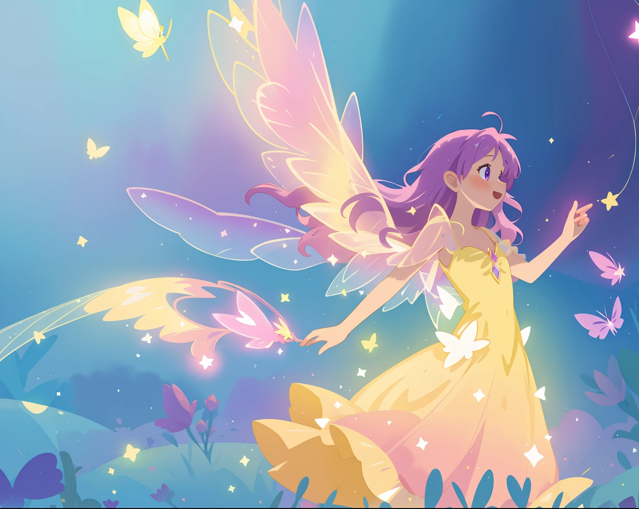 beautiful fairy girl in fluttering yellow dress, layered sparkling fairy dress, (huge sparkling pink fairy wings), long dark purple hair, fairy queen, ((magical colorful otherworldly background)), colorful fantasia background, (glowing fairy wings), glowing flowing ballgown, long hair, sparkling fairy wings, watercolor illustration, glowing aura around her, glowing lights, beautiful digital illustration, fantasia otherworldly background, beautiful, (masterpiece), best quality