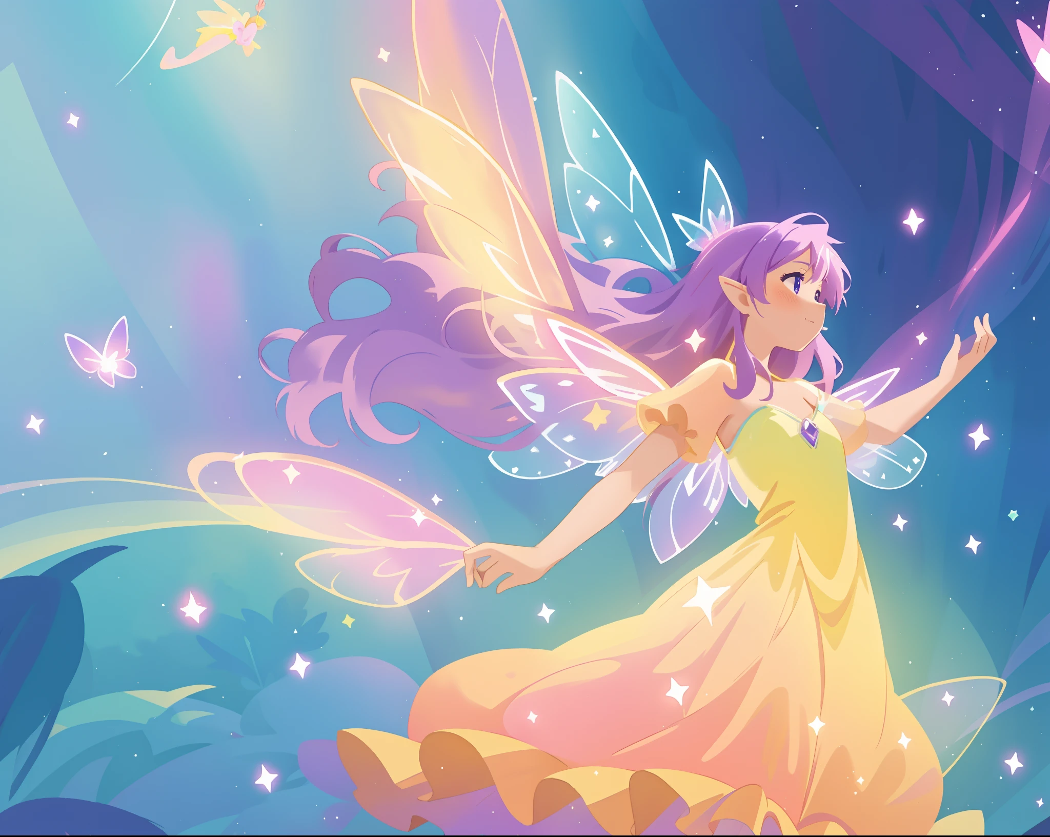 beautiful fairy girl in fluttering yellow dress, layered sparkling fairy dress, (huge sparkling pink fairy wings), long dark purple hair, fairy queen, ((magical colorful otherworldly background)), colorful fantasia background, (glowing fairy wings), glowing flowing ballgown, long hair, sparkling fairy wings, watercolor illustration, glowing aura around her, glowing lights, beautiful digital illustration, fantasia otherworldly background, beautiful, (masterpiece), best quality