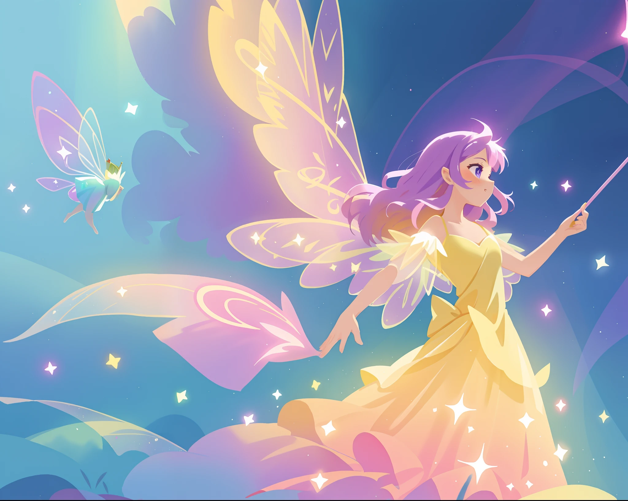 beautiful fairy girl in fluttering yellow dress, layered sparkling fairy dress, (huge sparkling pink fairy wings), long dark purple hair, fairy queen, ((magical colorful otherworldly background)), colorful fantasia background, (glowing fairy wings), glowing flowing ballgown, long hair, sparkling fairy wings, watercolor illustration, glowing aura around her, glowing lights, beautiful digital illustration, fantasia otherworldly background, beautiful, (masterpiece), best quality