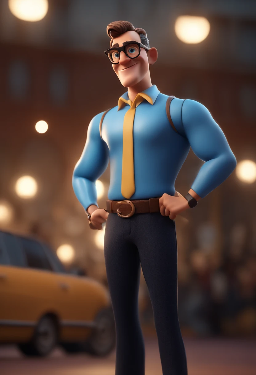 Cartoon character of a man with black glasses and a blue shirt, animation character, Caractere estilizado, animation style rendering, 3D estilizado, Arnold Maya render, 3 d render stylized, toon render keyshot, Personagem 3D, Personagem 3D, 3d rendering stylized, 3 d character render, personagem de desenho animado, Personagem de close up, Pose de personagem, (Estilo Pixar) (master part:1.2) (Bokeh) (best quality) (pele detalhada) (textura detalhada) (8k) (argila) (Cinematic lighting) (foco nítido