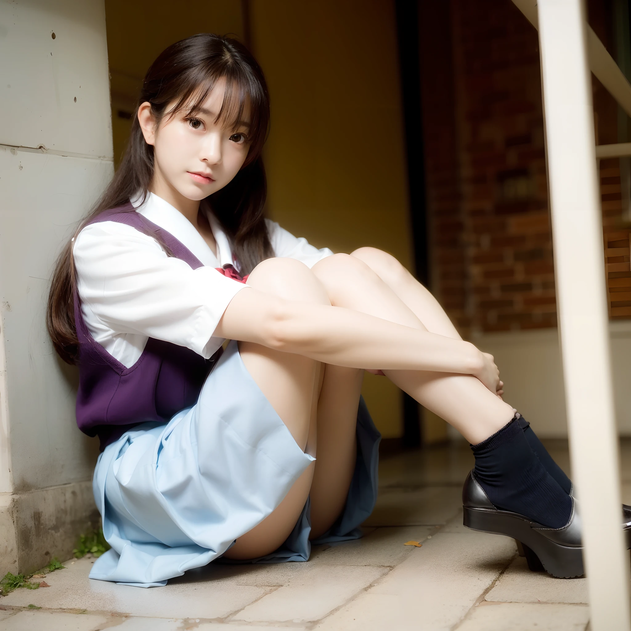 アジア人の女性が制服を着て地面に座っ …