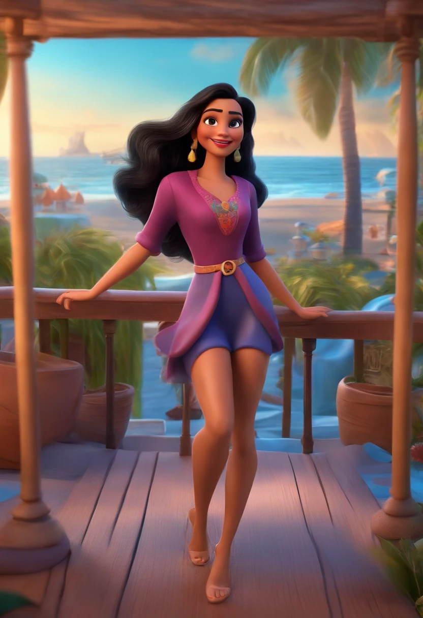 Pixar style image with 3D character brunette woman long black hair straight at waist dancing, Maquiagem Disney, bonitinho, sorridente ,Close-up, Pixar, Disney, em uma praia com o nome zaysla em 3d