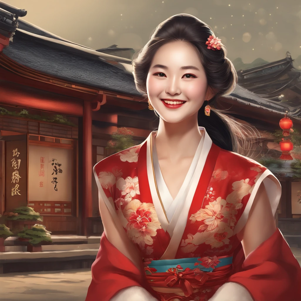Illustrator、jpn、in the edo era、Japan woman with beautiful smile、Sleeveless Santa Claus Costume with V-neck、a miniskirt