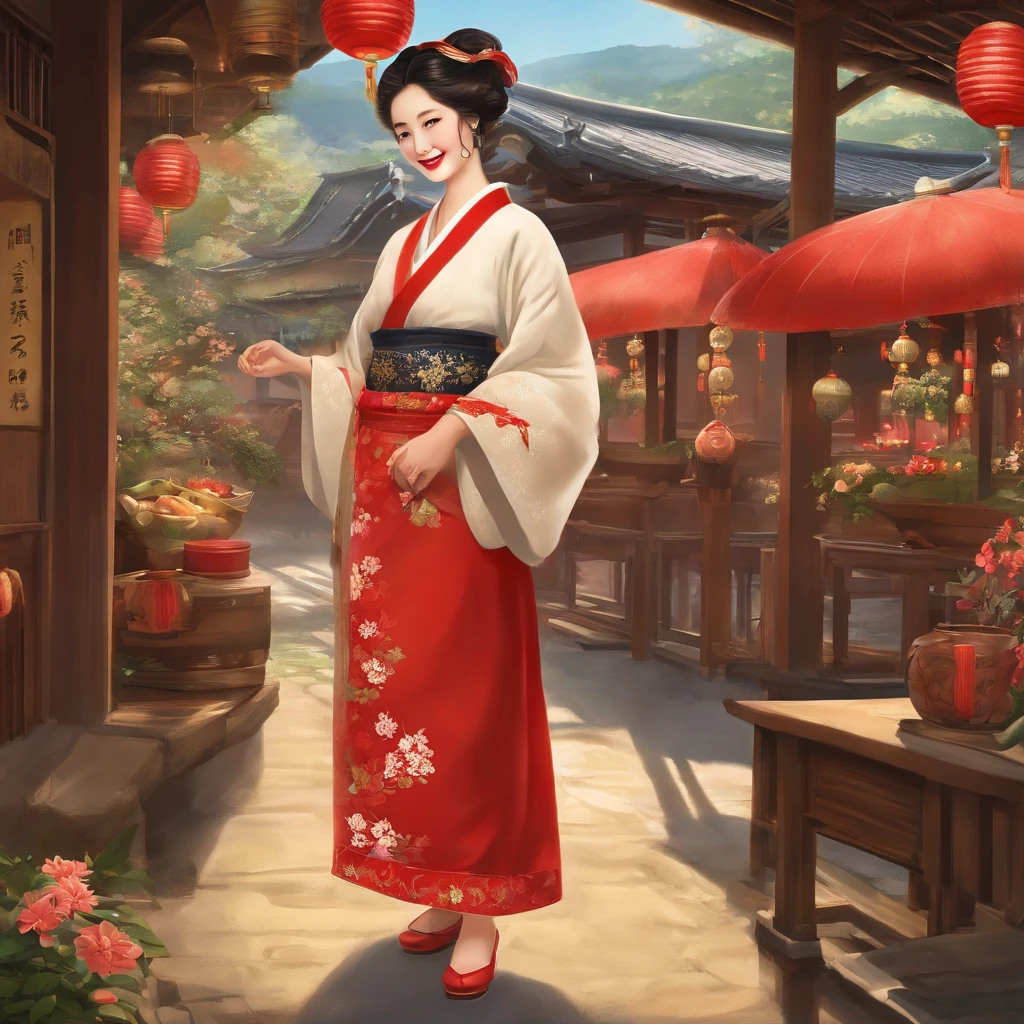 Illustrator、jpn、in the edo era、Japan woman with beautiful smile、Sleeveless Santa Claus Costume with V-neck、a miniskirt