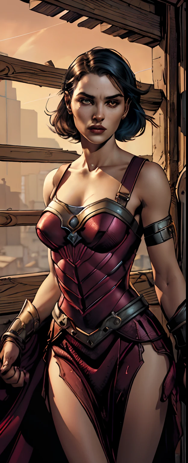 1girl, Tiro de cowboy da bela Ada, Olhando para o Viewer, vestido vermelho, cabelos pretos, corar, short hair, athletic night, Volumetric lighting, best quality, master part, detalhes intrincados, mapeamento de tons, foco nítido, hiper detalhado, trending on ArtStation, Ada, Realistic