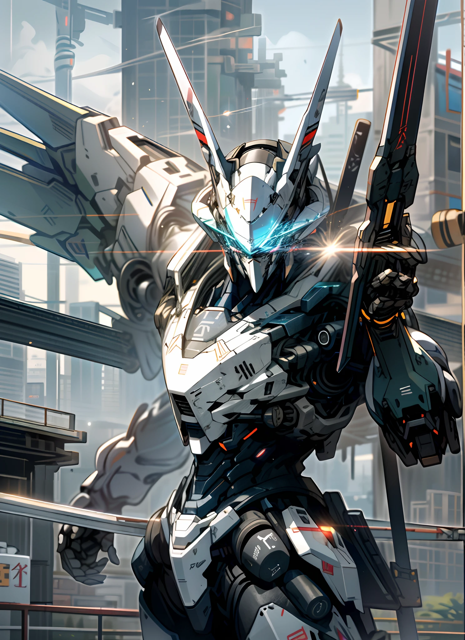 heaven, nuvem, holding_weapon, no_humans, brilhante, Roboto, bilding, glowing_eyes, mecha azul, fiction_scientist, cidade, realista, mecha, com espada lazer