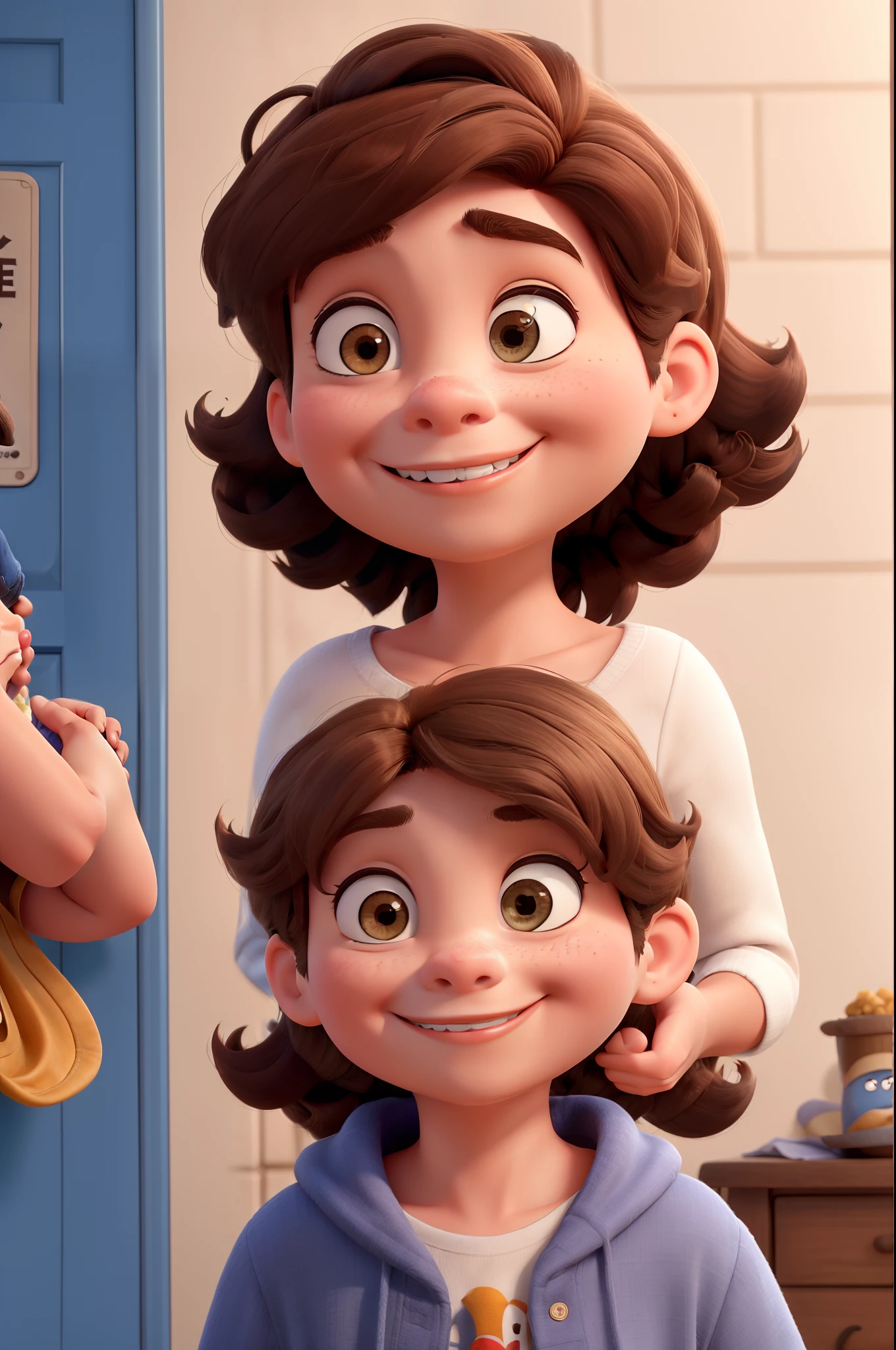 crie uma imagem no estilo poster de filme da disney pixar, contendo 4 pessoas, sendo elas: a man in a cap, branco e com barba e cabelo castanho escuro de 25 anos, uma mulher branca com cabelo castanho escuro e liso de 22 anos, a 5-year-old blonde and a 2-year-old with curly dark brown hair