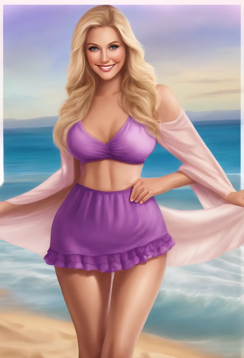 Cute Blonde Girl with long and straight hair, massive boobs, beautiful purple eyes, her arms to her side, a huge smile, a happy face, and is wearing nothing but a purple skirt. Beachfront background. No clothes on torso. She isn’t wearing anything on her boobs.