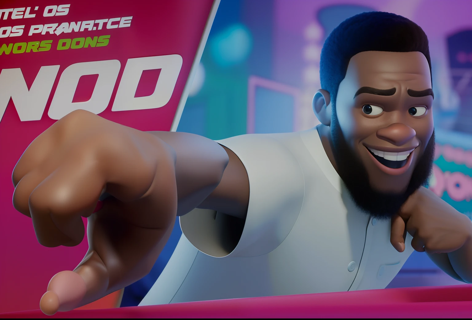 Homem negro no estilo Disney Pixar apontando para algo sorrindente