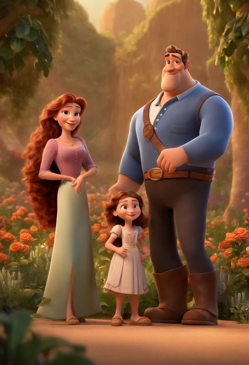 a Disney Pixar movie poster showing a white-skinned family. The father is the tallest, Tem barba curta, loiro, cabelos curtos e espinhosos. The mother has brown eyes and hair, shoulder-length and is slightly overweight. A menina tem 4 anos e cabelos castanhos, roupa rosa e rabos de cavalo. The background is a beach garden. 3D-rendering