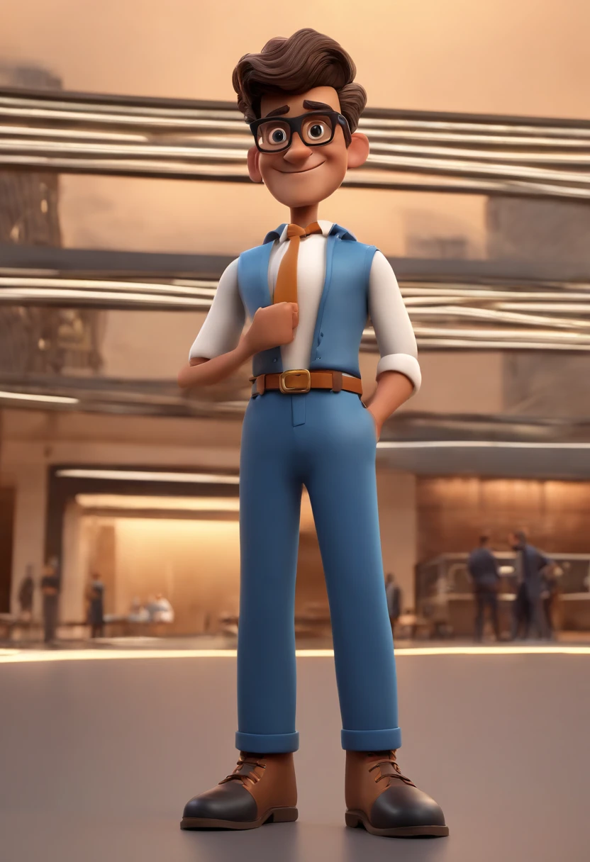Cartoon character of a man with black glasses, cabelo cacheado marrom escuro e uma camisa azul, animation character, Caractere estilizado, animation style rendering, 3D estilizado, Arnold Maya render, 3 d render stylized, toon render keyshot, Personagem 3D, Personagem 3D, 3d rendering stylized, 3 d character render, personagem de desenho animado, Personagem de close up, Pose de personagem, (Estilo Pixar) (master part:1.2) (Bokeh) (best quality) (pele detalhada) (textura detalhada) (8k) (argila) (Cinematic lighting) (foco nítido