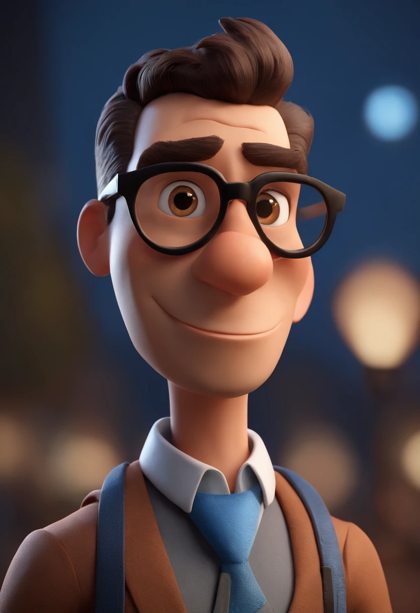 Cartoon character of a man with black glasses, cabelo cacheado marrom escuro e uma camisa azul, animation character, Caractere estilizado, animation style rendering, 3D estilizado, Arnold Maya render, 3 d render stylized, toon render keyshot, Personagem 3D, Personagem 3D, 3d rendering stylized, 3 d character render, personagem de desenho animado, Personagem de close up, Pose de personagem, (Estilo Pixar) (master part:1.2) (Bokeh) (best quality) (pele detalhada) (textura detalhada) (8k) (argila) (Cinematic lighting) (foco nítido