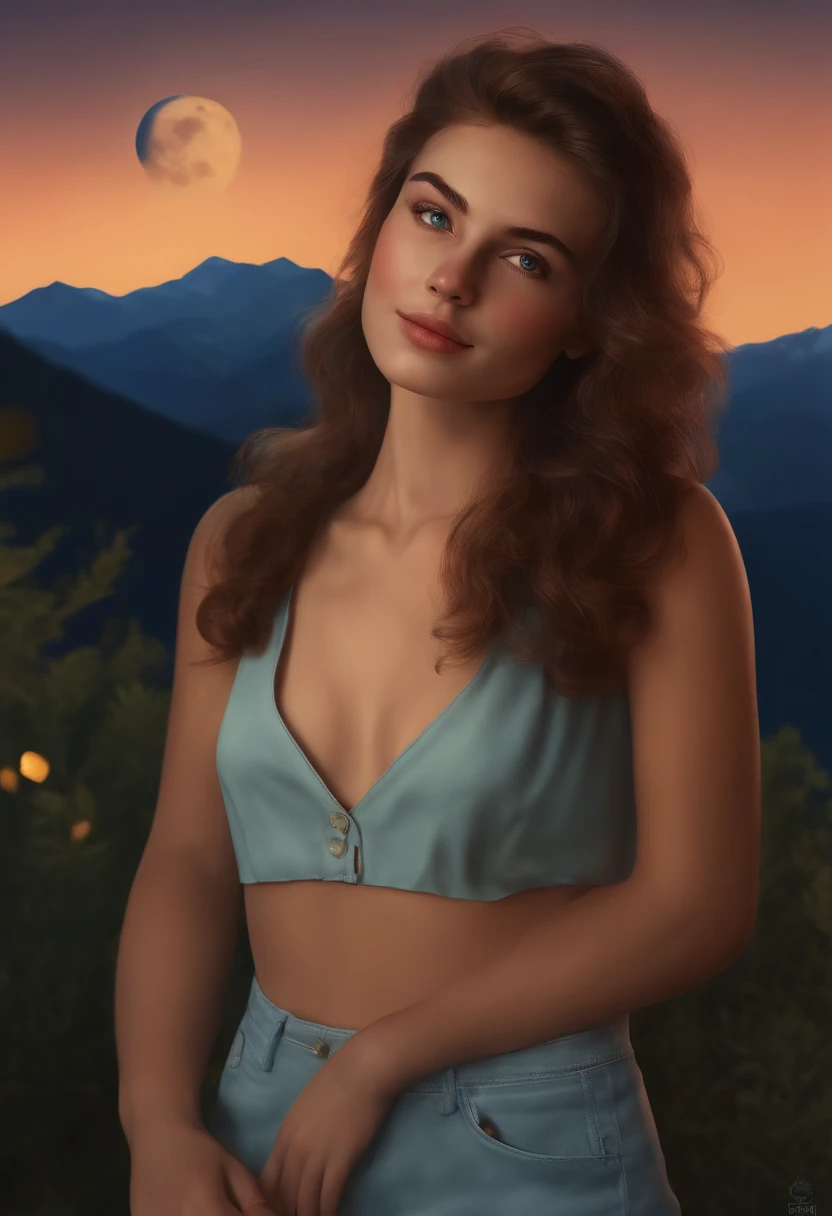 A girl with short, orange fur and green eyes, freckles, smiling, wearing a red jumpsuit and a blue shirt with rolled-up sleeves, standing in front of a mountain and a moon at night. The scene is illuminated by a gentle night light. The image quality is of the best quality, with ultra-detailed features and a realistic, photorealistic effect. The artwork is created using illustrations, with vivid colors and sharp focus. The girl is looking directly at the viewer, giving a sense of connection. The style of the artwork is inspired by French culture, specifically the Lora style with a French influence (Lora:Frances-V2:0.6).