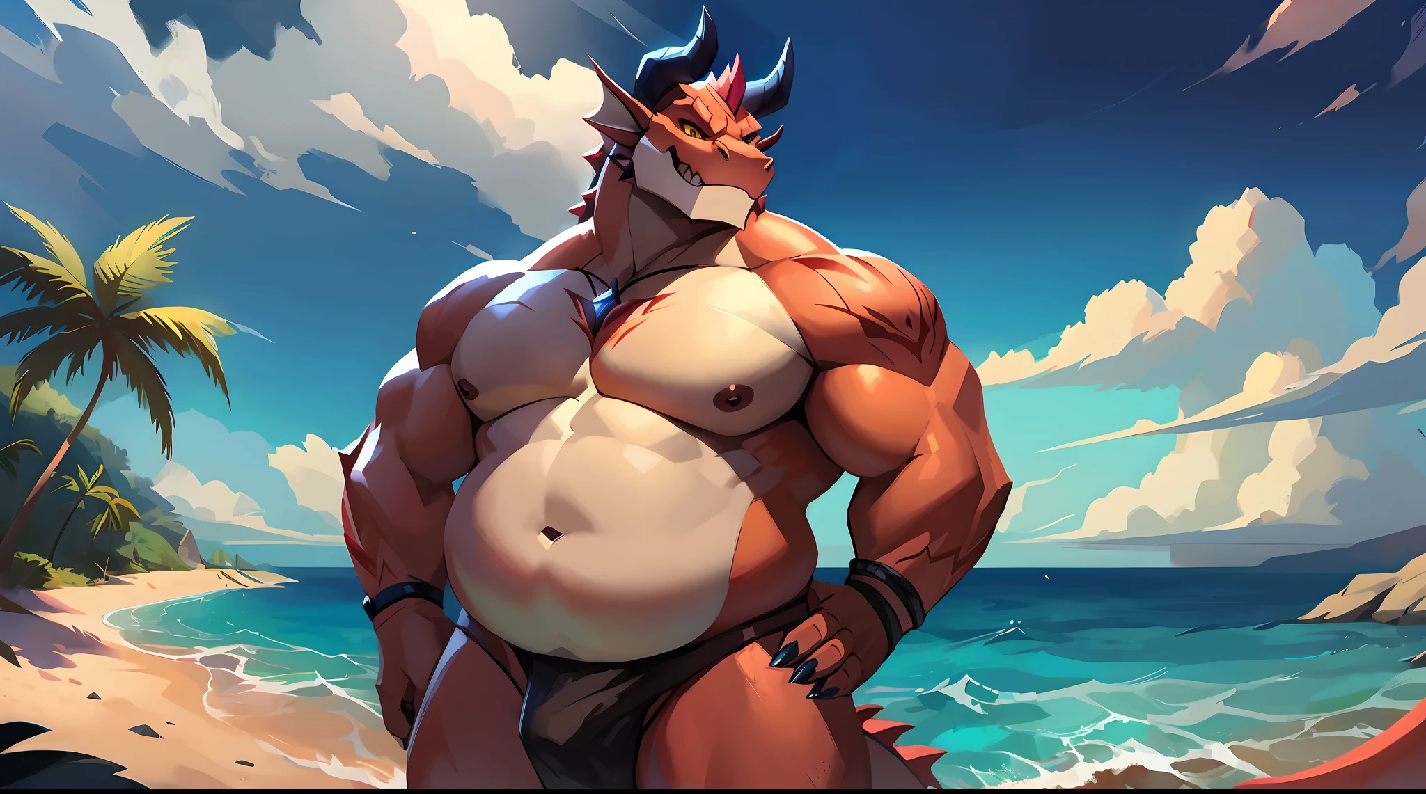 beachside，the ocean，Bright sky，Dragon's horn，Smooth horns，drak，Fat minora，male people，bareness，