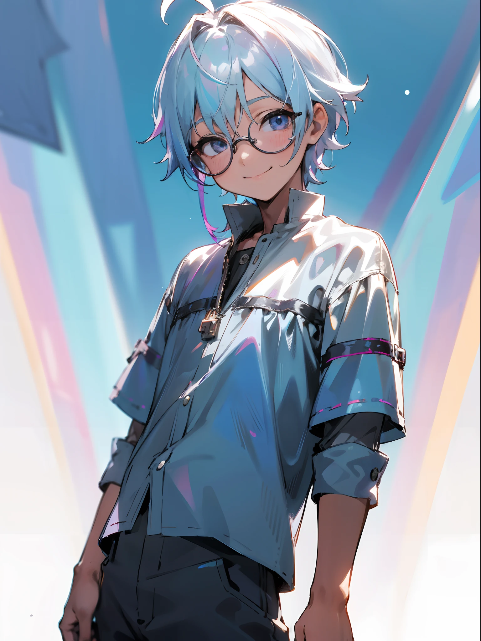Male child, eye glasses,Cowboy Shots,A smile, silber hair,Daytime,Iridescent background,