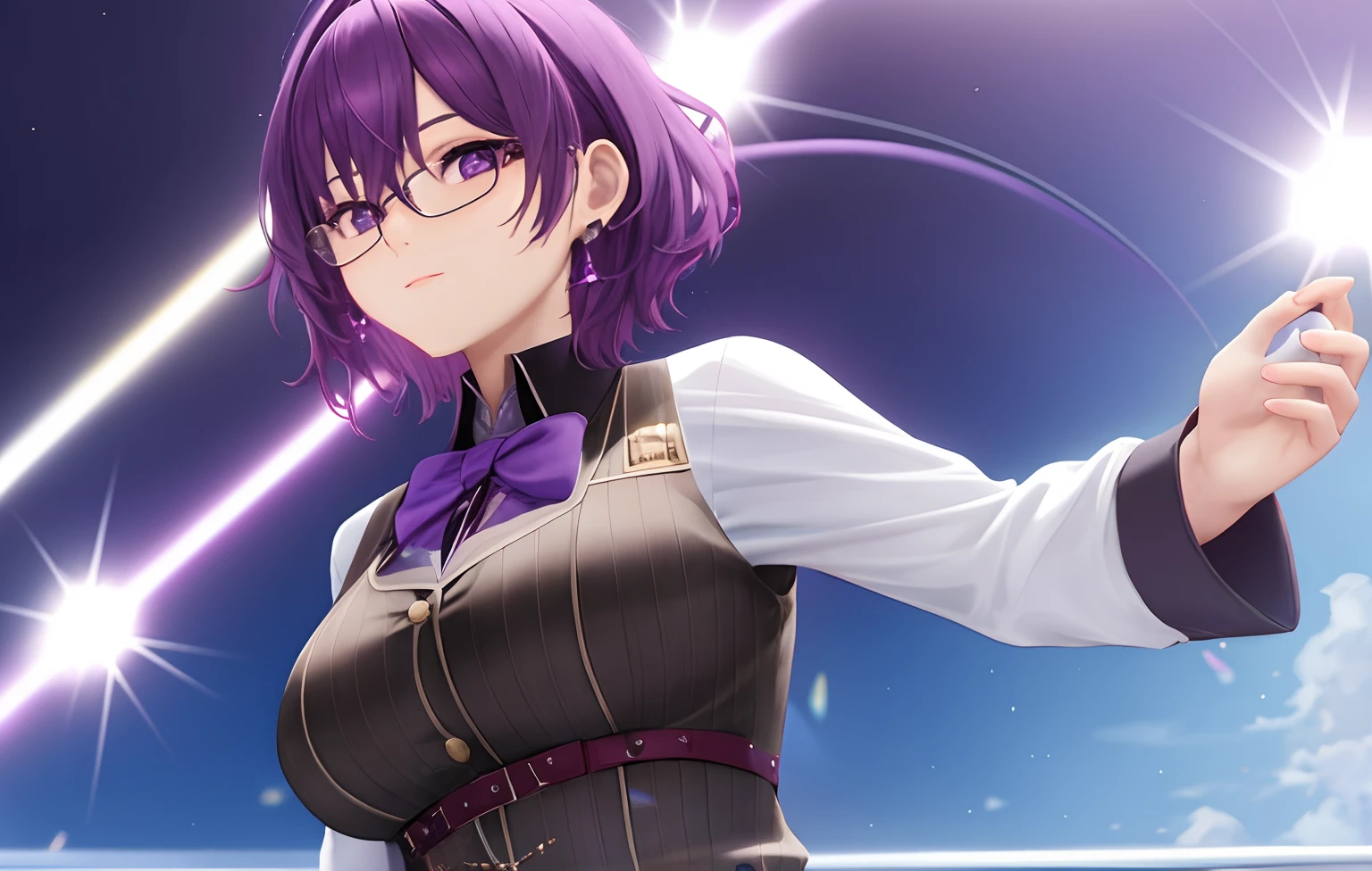 best quality, masterpiece, 4K, HD, High resolution, Perfect Body, Magical, Principal, Glasses, Female, Purple hair, Purple Theme, Short hair, Spiky hair