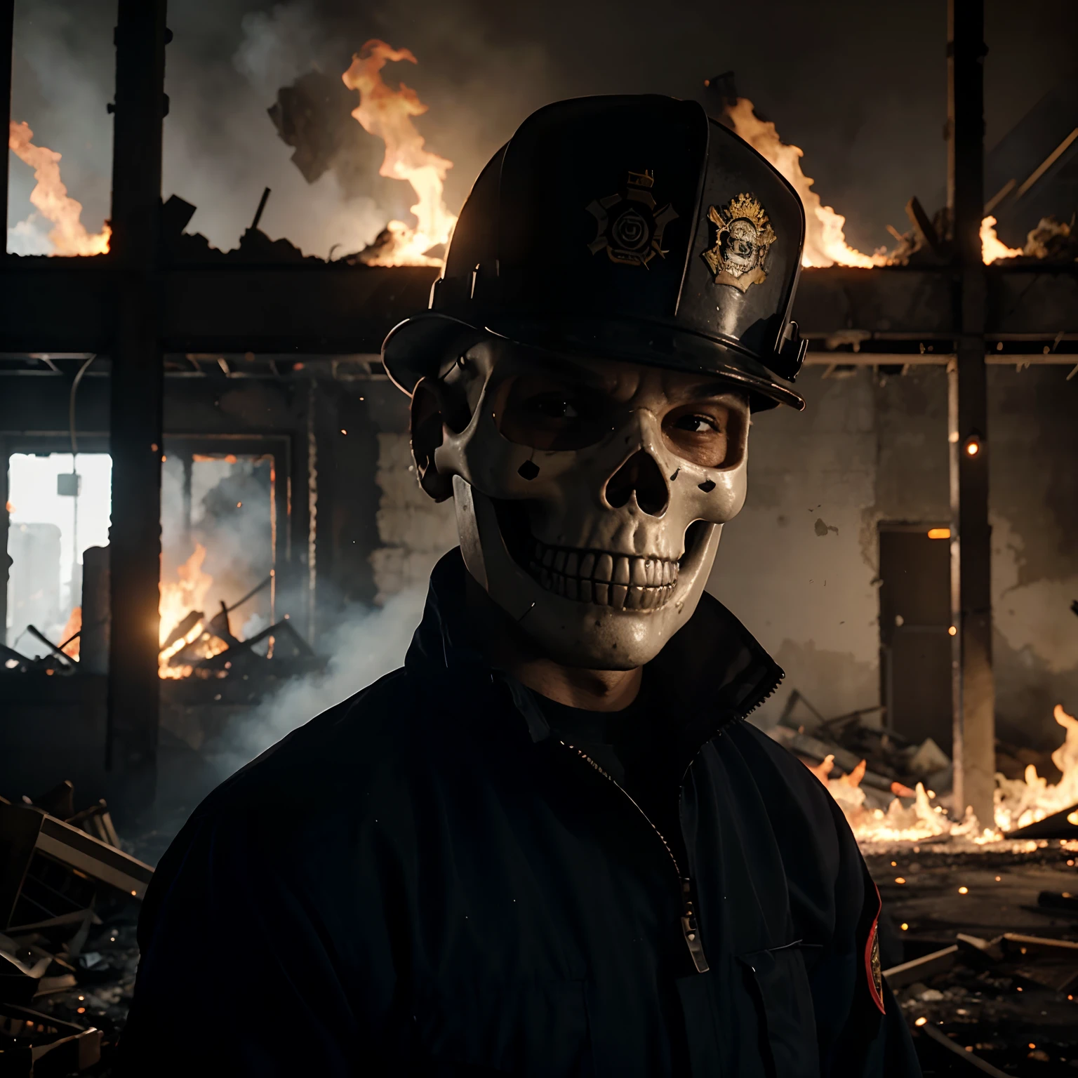 Firefighter with skull face in a burning building