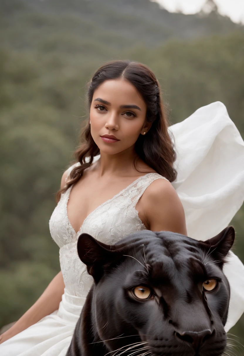 Light brown skinned Hispanic woman riding a black panther in white dress