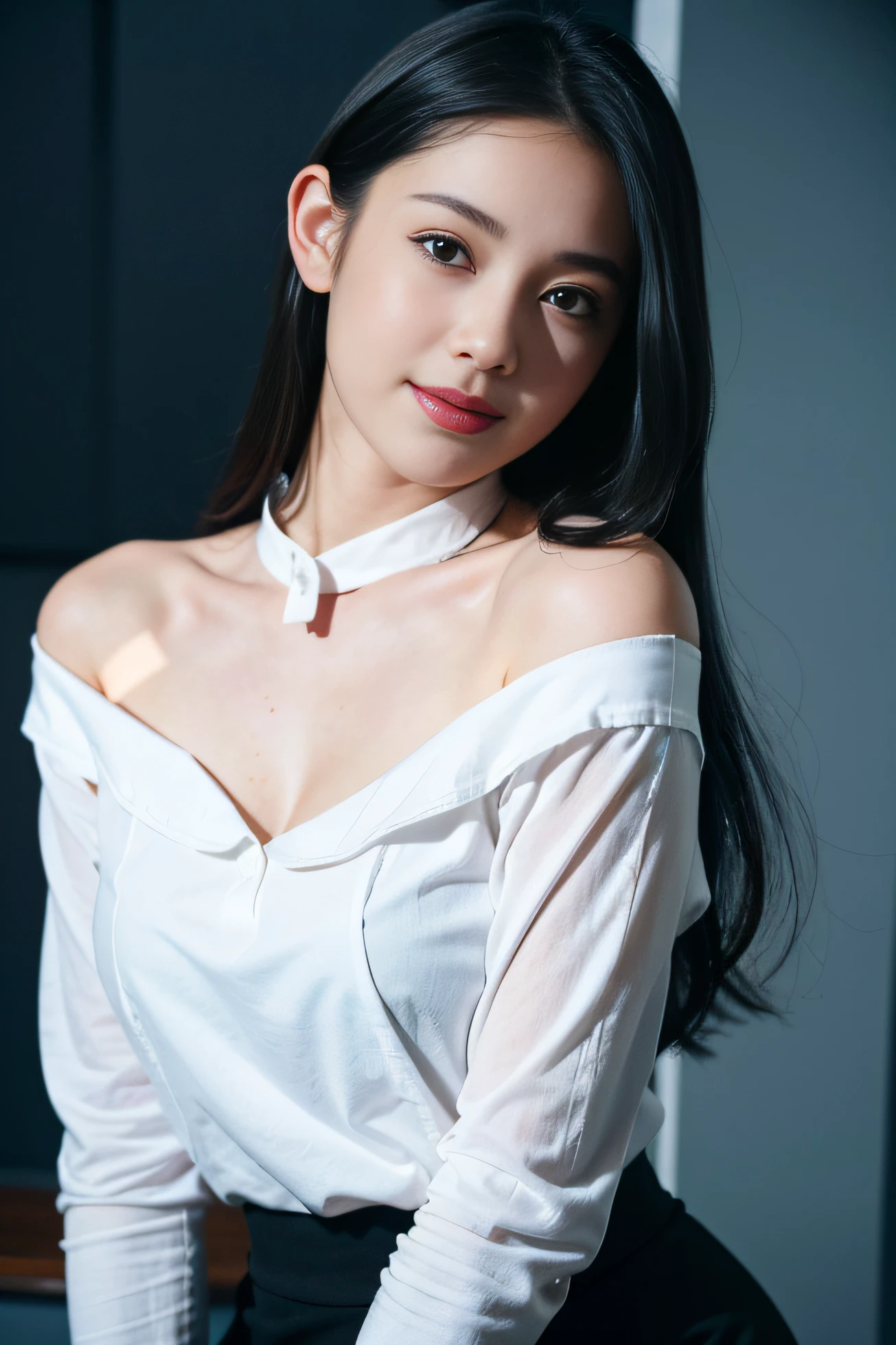 best qualtiy,super high quality,1girll,Off-shoulder white shirt,Black tight skirt,Black collar,(Faded gray hair, shallow cleavage breasts,looking at viewer,closeup tiny cleavage,8K,a baby face,Sweet smile, high school girl, tri-x, ISO1600, 85mm lens