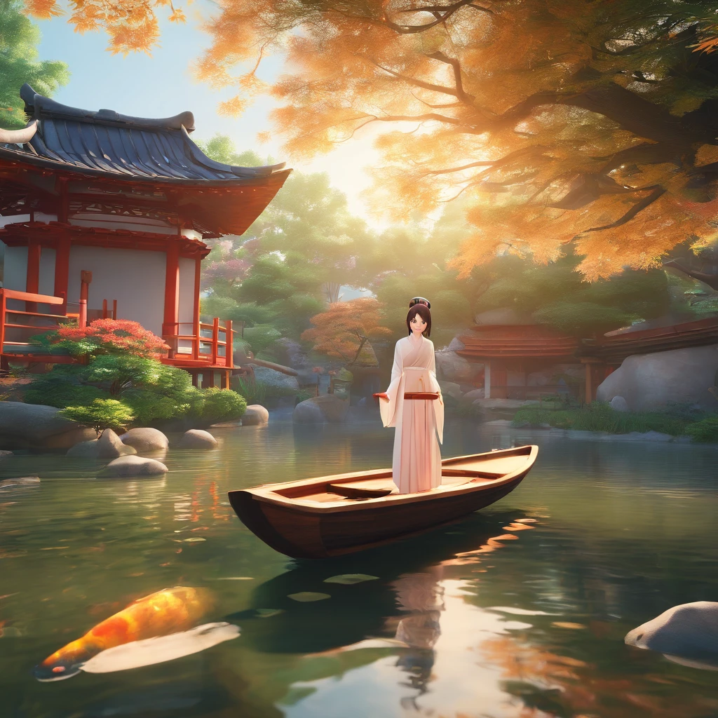 (best quality,4k,8k,highres,masterpiece:1.2),ultra-detailed,realistic,
The beautiful girl is rowing a wooden boat, wearing a white dress fluttering in the wind lookingattheviewer,mysterious eyes,beautiful detailed lips,calm expression,1girl, Japanese shrine,peaceful atmosphere,serene water,sparkling pond,golden koi,floating leaves,tranquil lake,soft reflections,colorful carps,lush vegetation,stone lantern,wooden torii gate,fleeting shadows,sunlit pathway,serenity,harmony,traditional architecture,vivid colors,sunlit water surface,splashing fountain,serene landscape,peaceful scenery,blissful ambiance,gentle breeze,serene vibes,calming serenade,solitude,dreamlike vision,tranquil beauty,reflecting pool,peaceful sanctuary,lush greenery,serene escape,nature's embrace,picturesque view,jaw-dropping beauty.