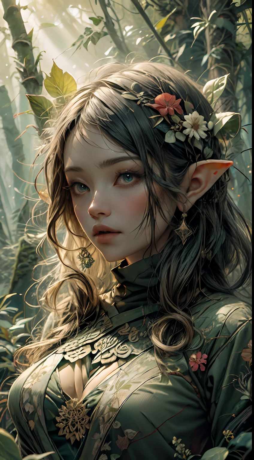 1sexy girl with forest clothes, Flowers, Leaves, mandalas, fractalized, Forest elves,holy rays,full female body,Ray traching,dynamic blur,smoke effect,morning glow,4K,k hd,extreme hight detail