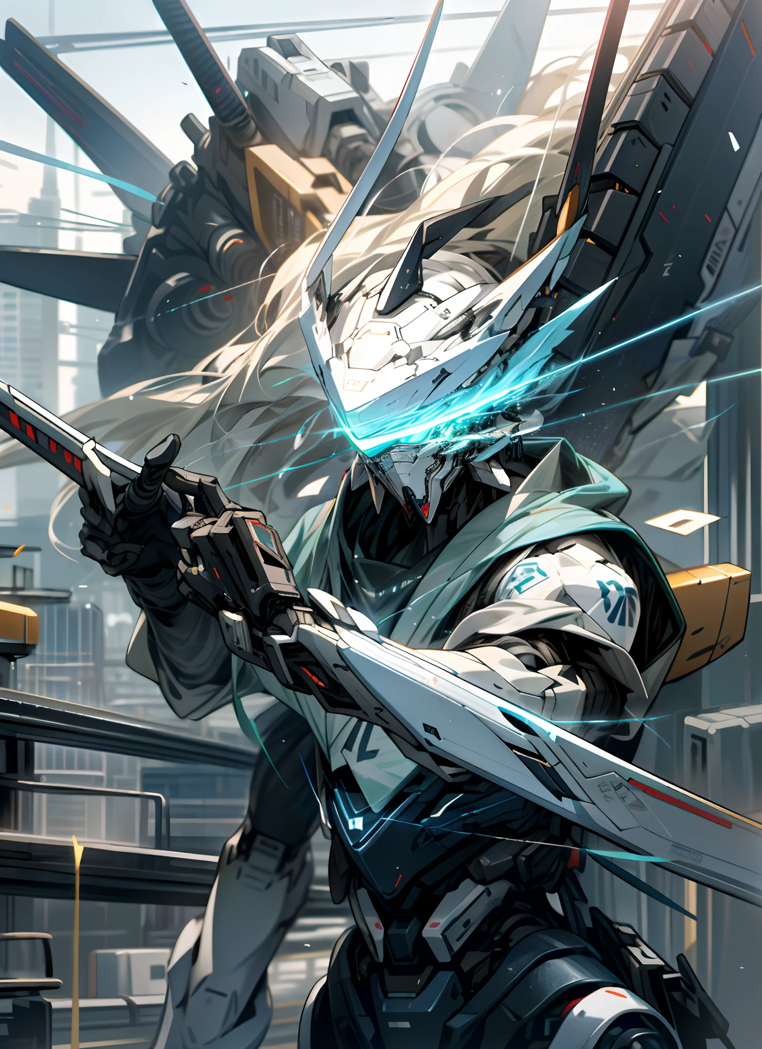 heaven, nuvem, holding_weapon, no_humans, brilhante, Roboto, bilding, glowing_eyes, mecha azul, fiction_scientist, cidade, realista, mecha, com espada lazer